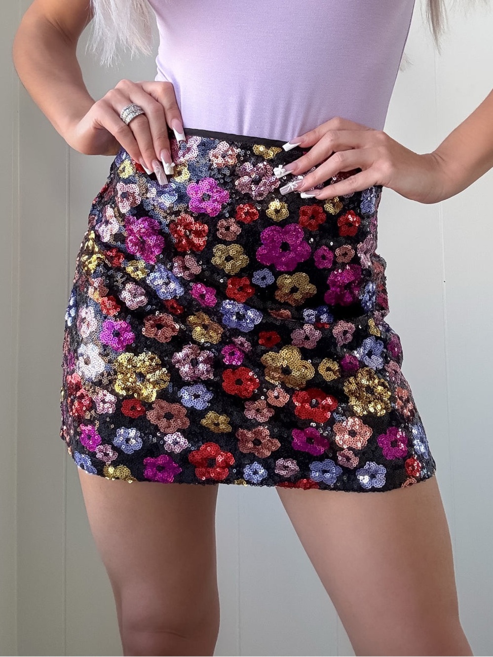 Sequin Floral Mini Skirt in Multicolor